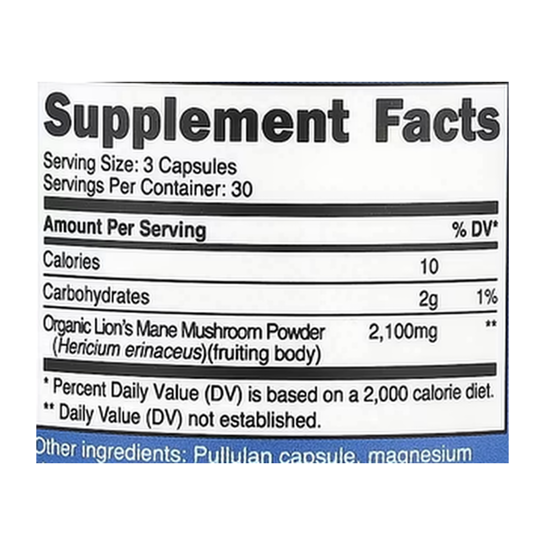 Nutricost, Lion's Mane Mushroom, 90 Capsules supplement facts label showing ingredients, vitamins, minerals, and serving information