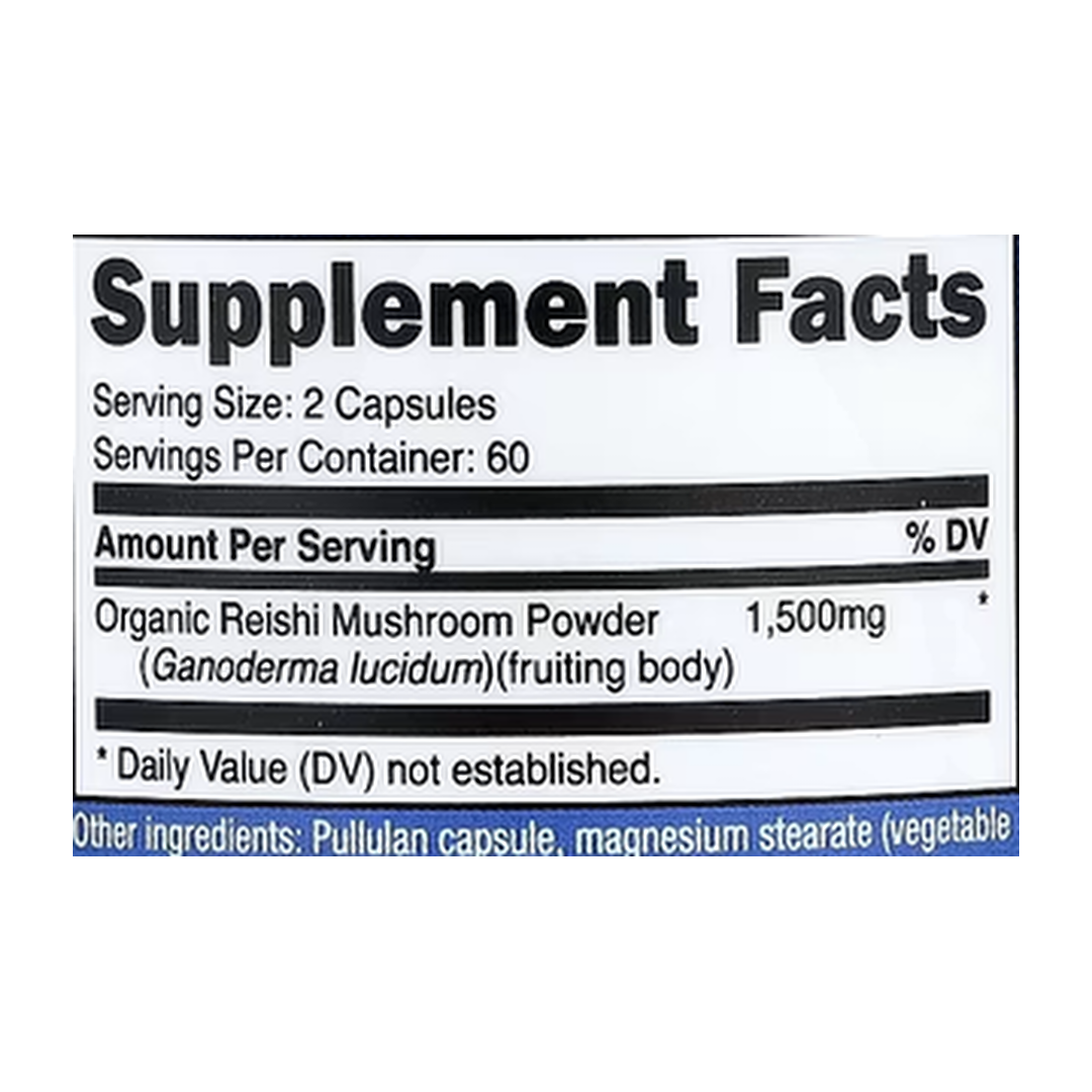Nutricost, Reishi Mushroom, 120 Capsules supplement facts label showing ingredients, vitamins, minerals, and serving information