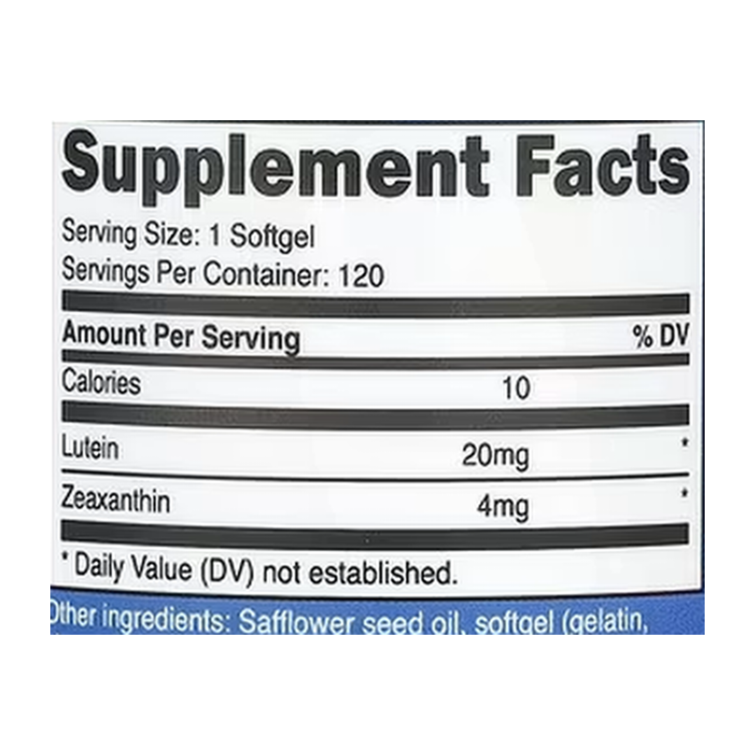 Nutricost, Zeaxanthin with Lutein, 120 Softgels supplement facts label showing ingredients, vitamins, minerals, and serving information