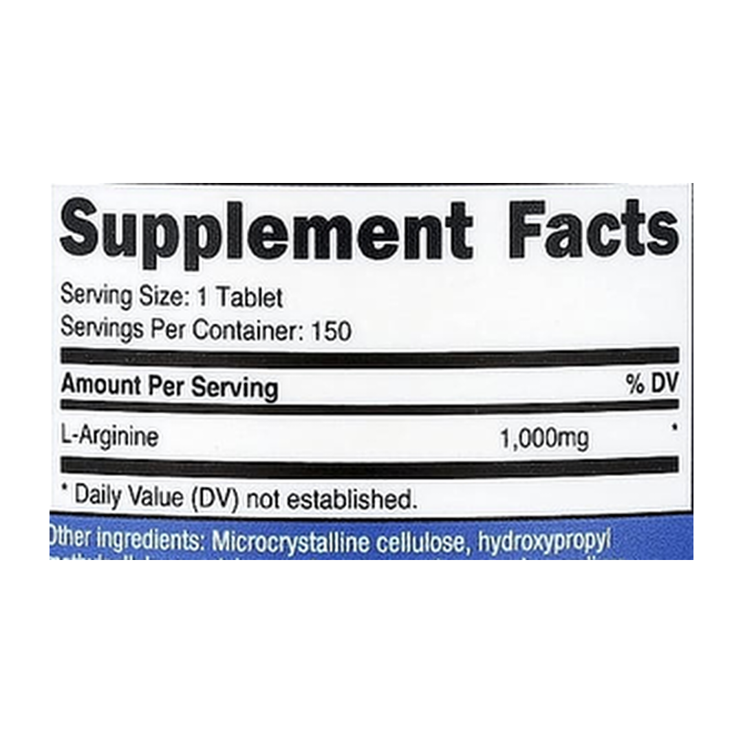 Nutricost, L-Arginine, 1,000 mg, 150 Tablets supplement facts label showing ingredients, vitamins, minerals, and serving information