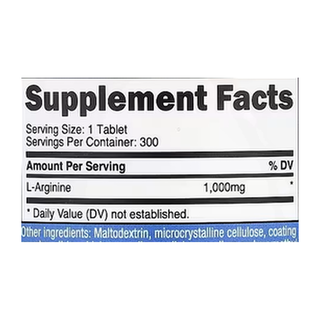 Nutricost, L-Arginine, 1,000 mg, 300 Tablets supplement facts label showing ingredients, vitamins, minerals, and serving information