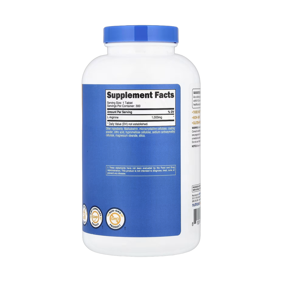 Nutricost, L-Arginine, 1,000 mg, 300 Tablets back packaging view