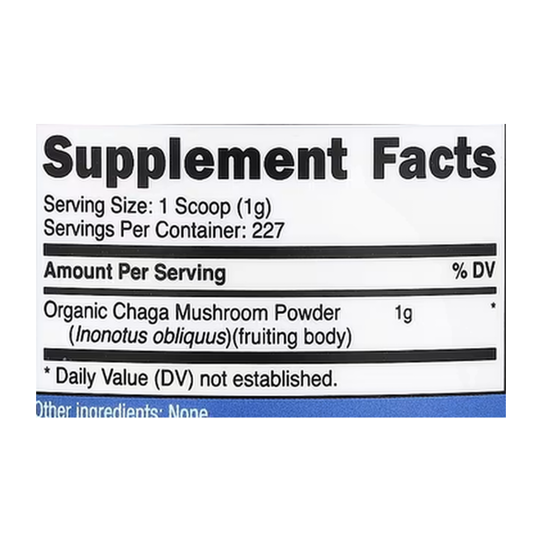 Nutricost, Organic Chaga Mushroom, Unflavored, 8.1 oz, 227 g supplement facts label showing ingredients, vitamins, minerals, and serving information