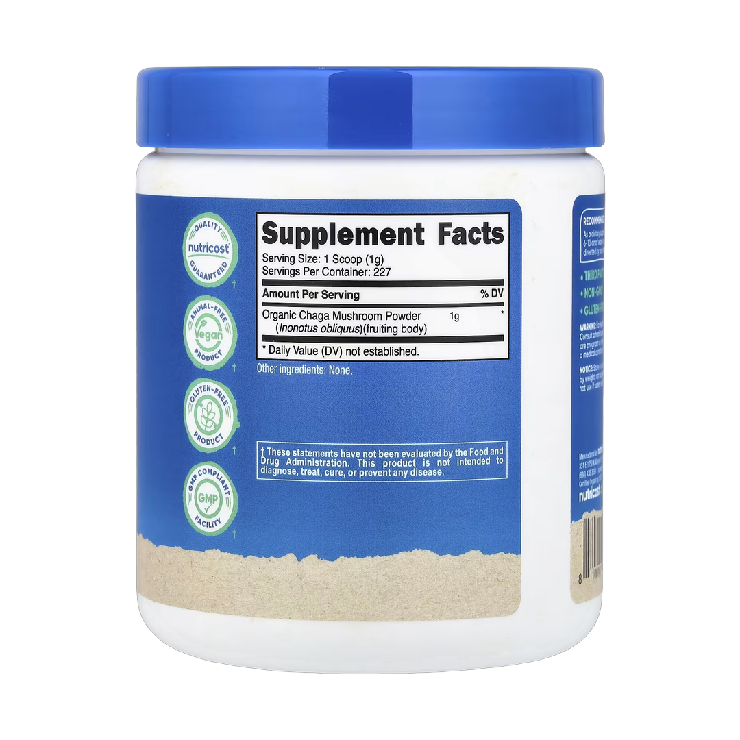 Nutricost, Organic Chaga Mushroom, Unflavored, 8.1 oz, 227 g back packaging view