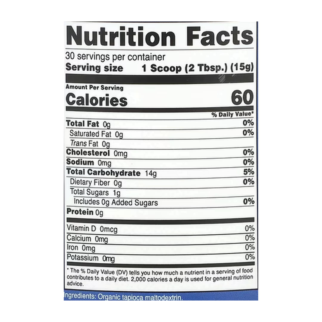 Nutricost, Organic Maltodextrin, Unflavored, 1 lb, 454 g supplement facts label showing ingredients, vitamins, minerals, and serving information