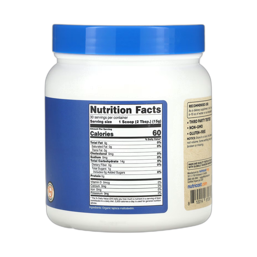 Nutricost, Organic Maltodextrin, Unflavored, 1 lb, 454 g back packaging view