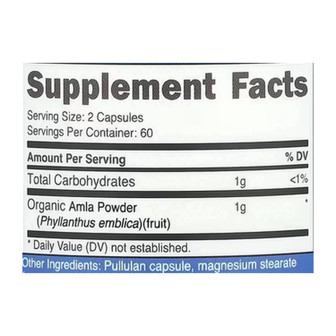 Nutricost, Amla, 120 Capsules supplement facts label showing ingredients, vitamins, minerals, and serving information