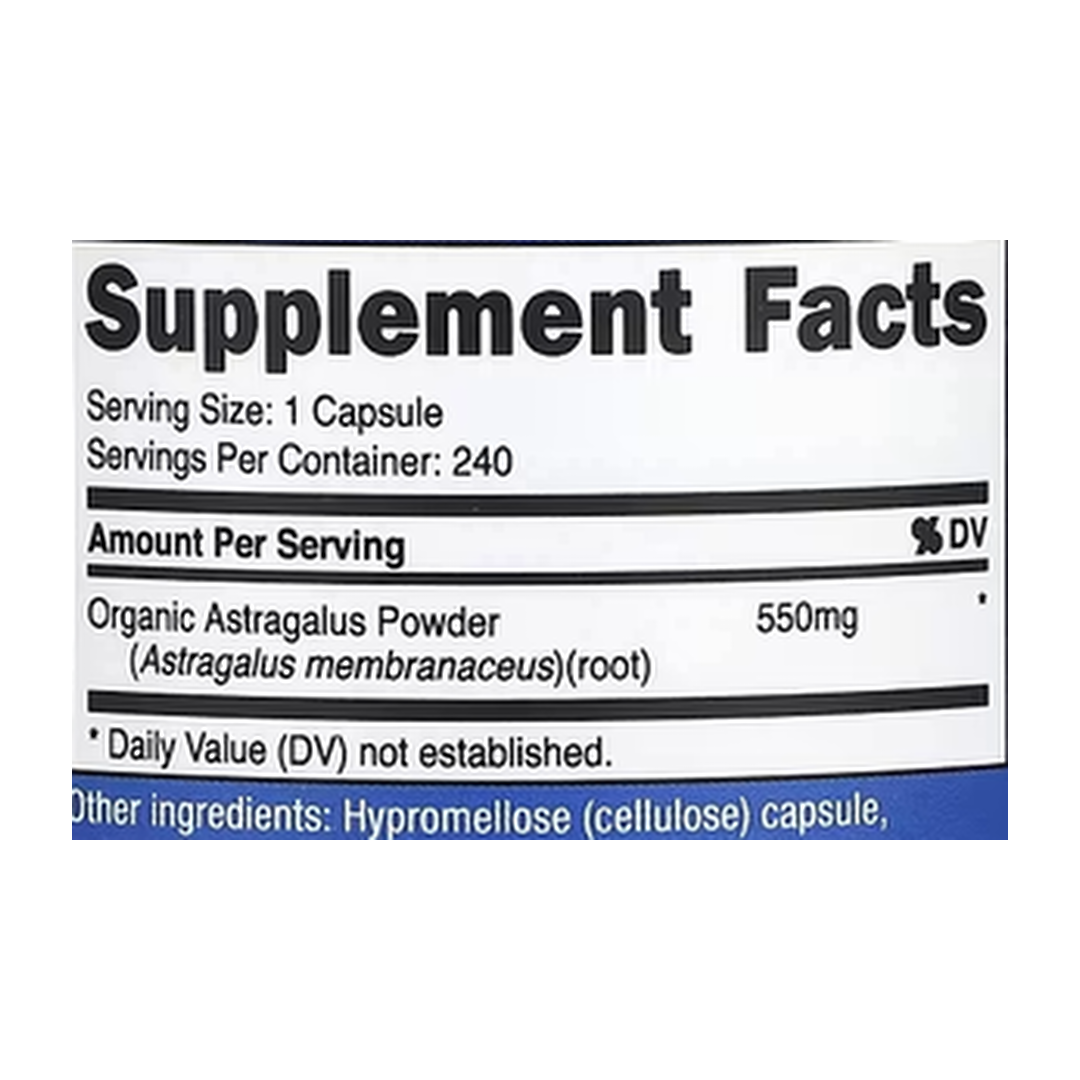 Nutricost, Astragalus Root , 550 mg , 240 Capsules supplement facts label showing ingredients, vitamins, minerals, and serving information