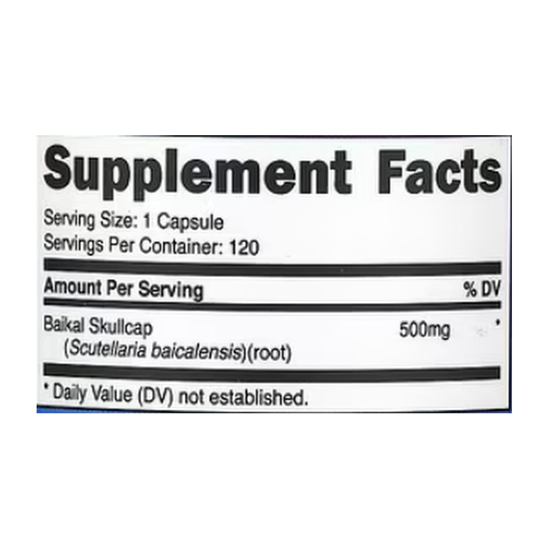 Nutricost, Baikal Skullcap, 500 mg, 120 Capsules supplement facts label showing ingredients, vitamins, minerals, and serving information