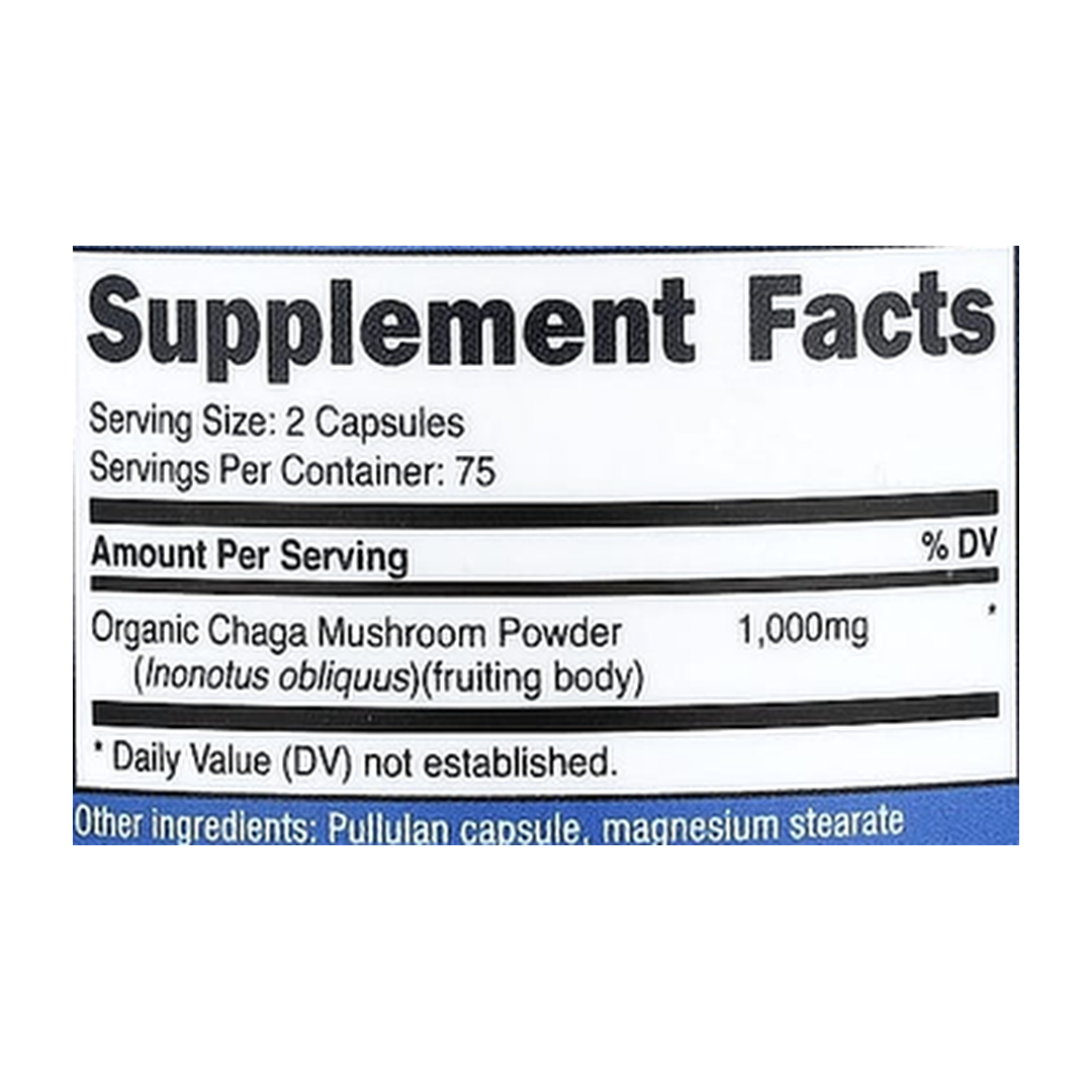 Nutricost, Chaga Mushroom, 150 Capsules supplement facts label showing ingredients, vitamins, minerals, and serving information