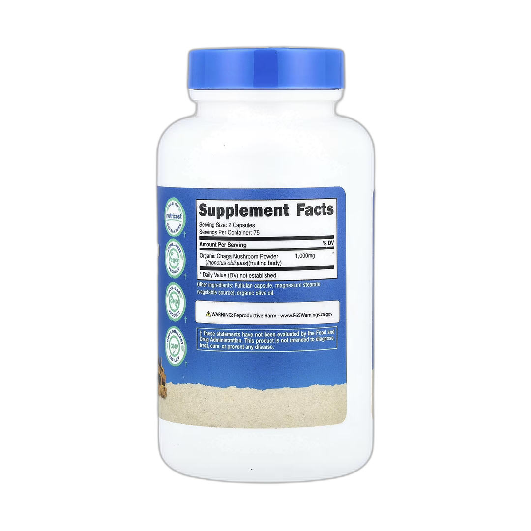 Nutricost, Chaga Mushroom, 150 Capsules back packaging view