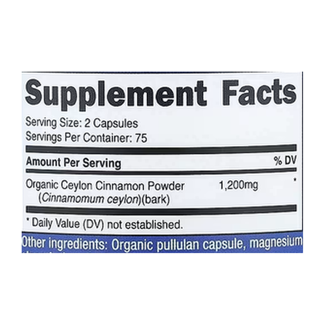 Nutricost, Ceylon Cinnamon, 150 Capsules supplement facts label showing ingredients, vitamins, minerals, and serving information