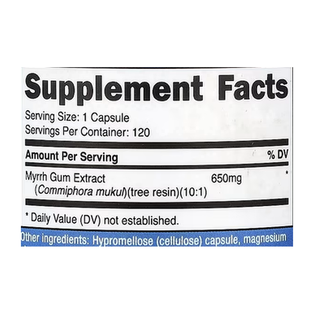 Nutricost, Myrrh Extract, 650 mg, 120 Capsules supplement facts label showing ingredients, vitamins, minerals, and serving information