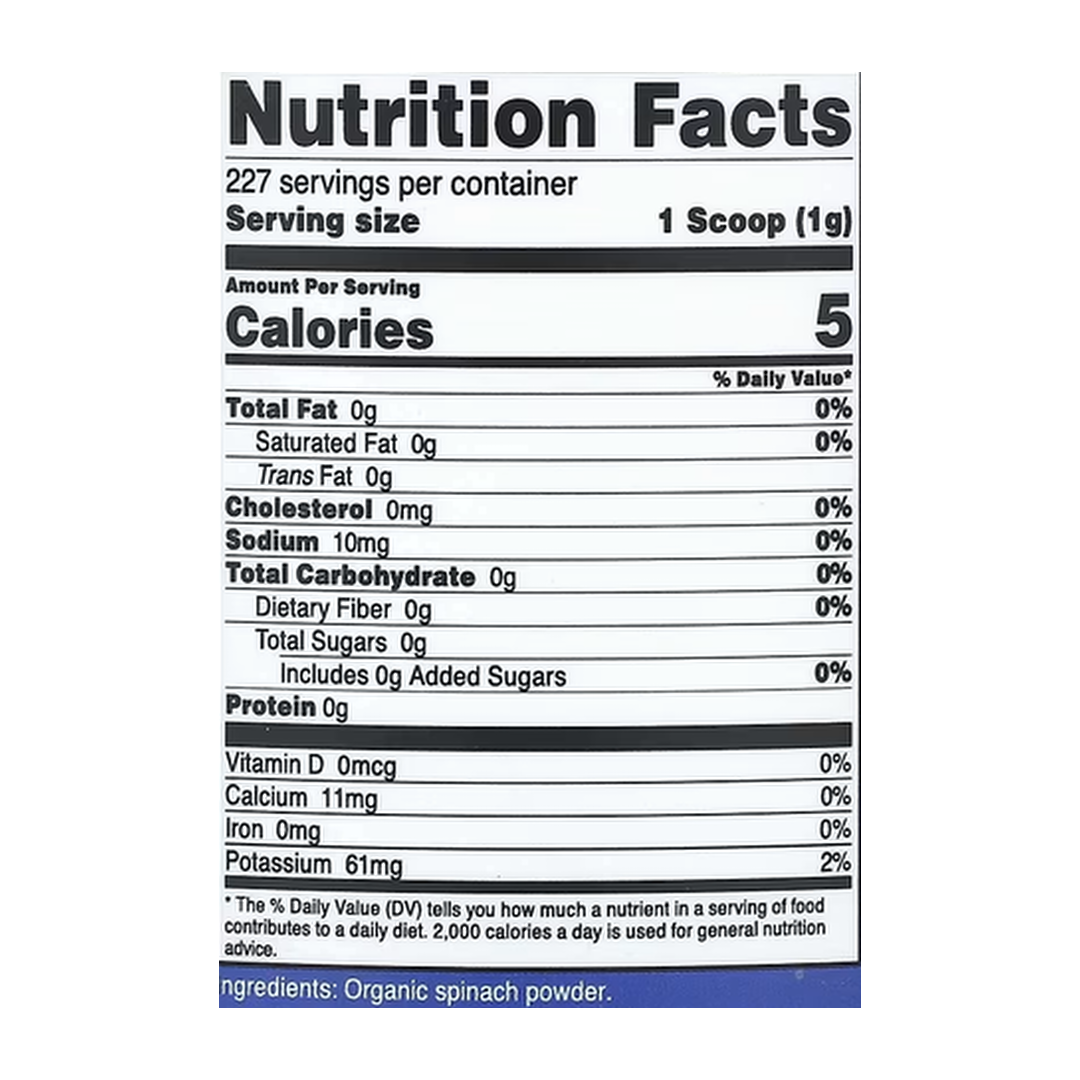 Nutricost, Organic Spinach Powder, Unflavored, 8 oz, 227 g supplement facts label showing ingredients, vitamins, minerals, and serving information