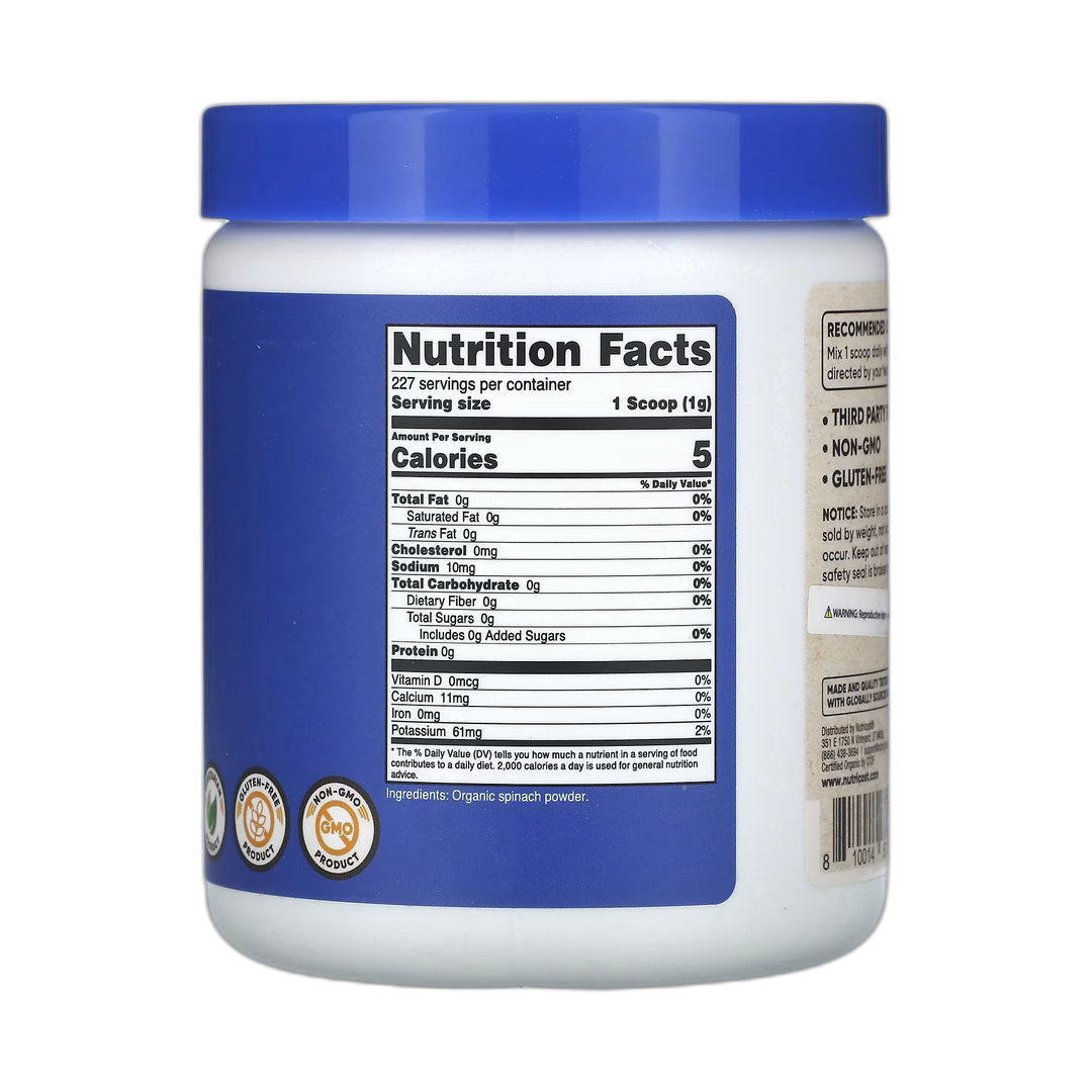 Nutricost, Organic Spinach Powder, Unflavored, 8 oz, 227 g back packaging view