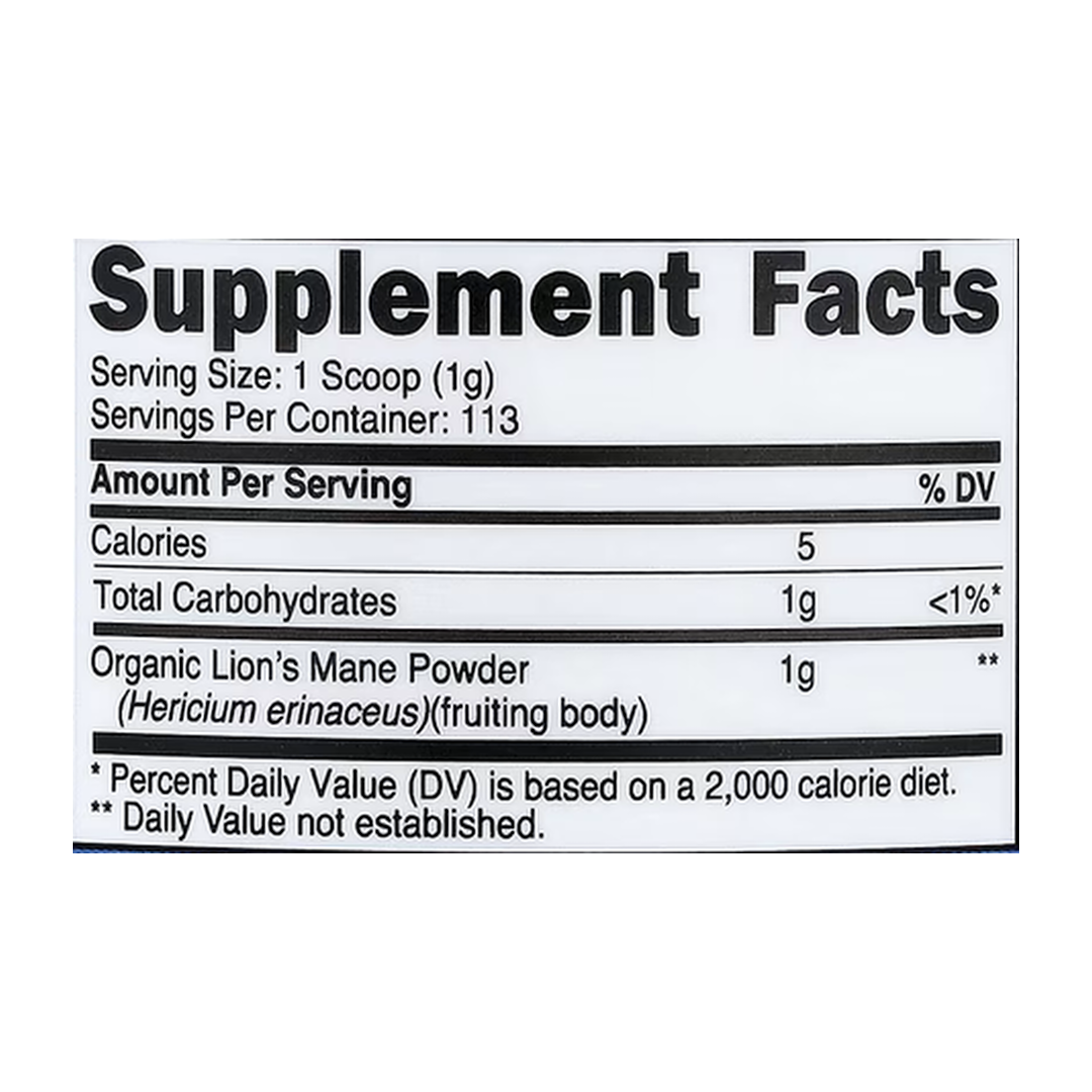 Nutricost, Organic Lion's Mane Mushroom, Unflavored, 4 oz, 113 g supplement facts label showing ingredients, vitamins, minerals, and serving information