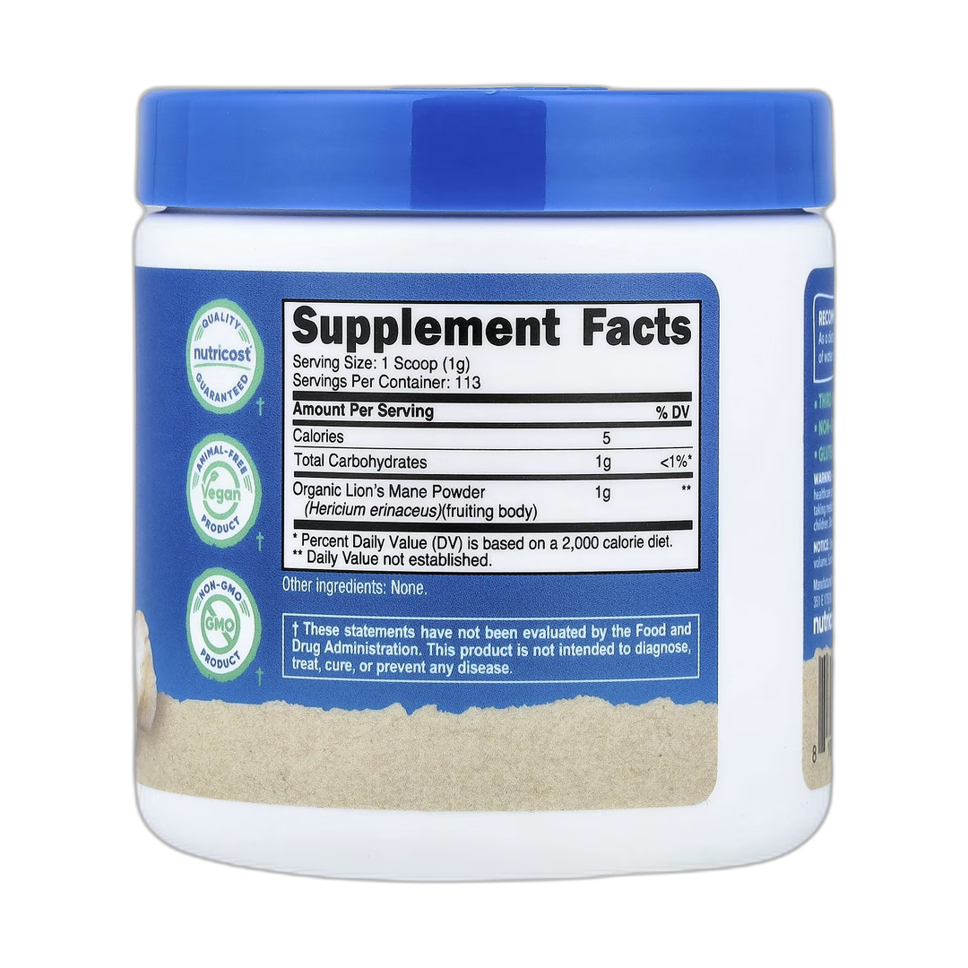 Nutricost, Organic Lion's Mane Mushroom, Unflavored, 4 oz, 113 g back packaging view