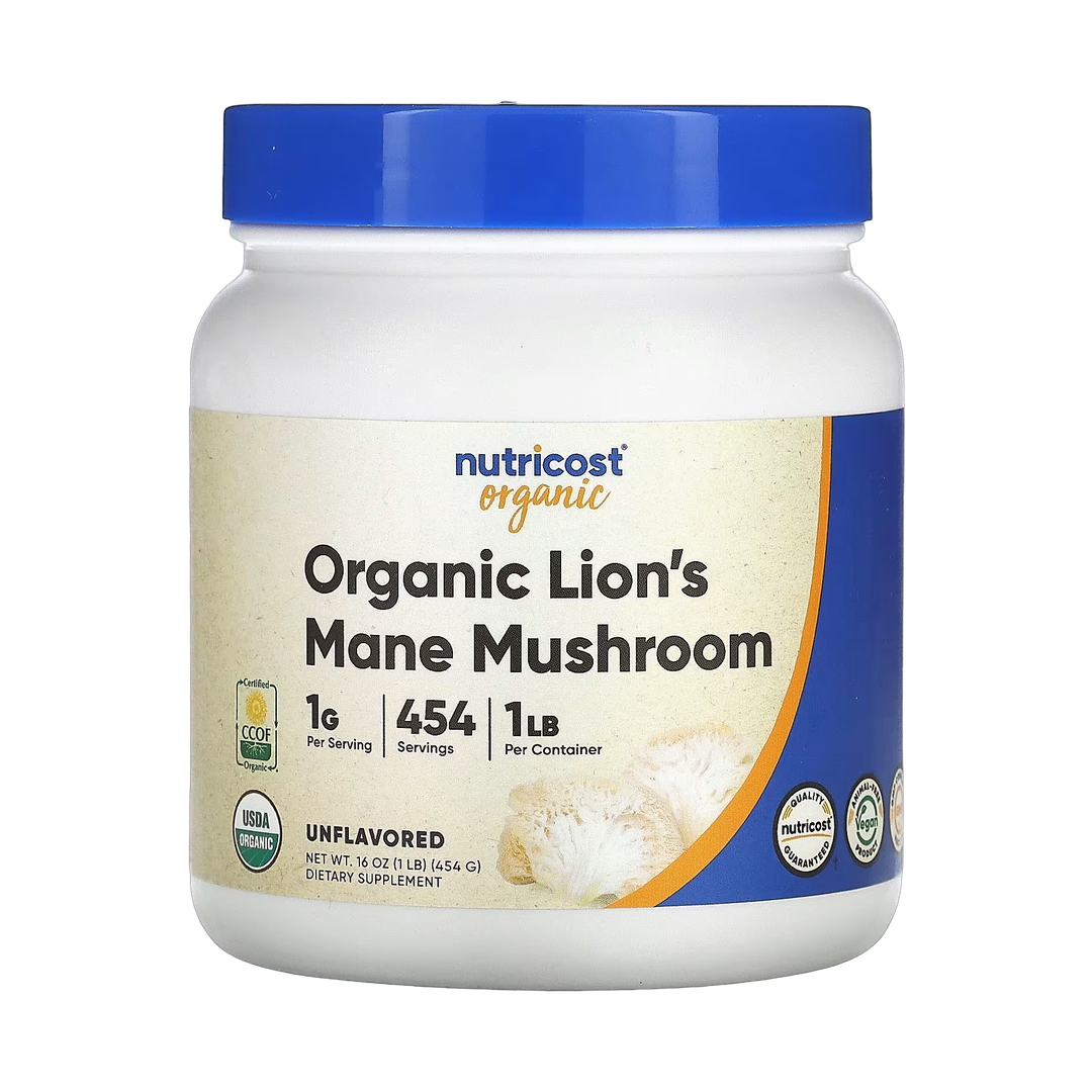 Nutricost, Organic Lion's Mane Mushroom, Unflavored, 1 lb, 454 g front packaging view
