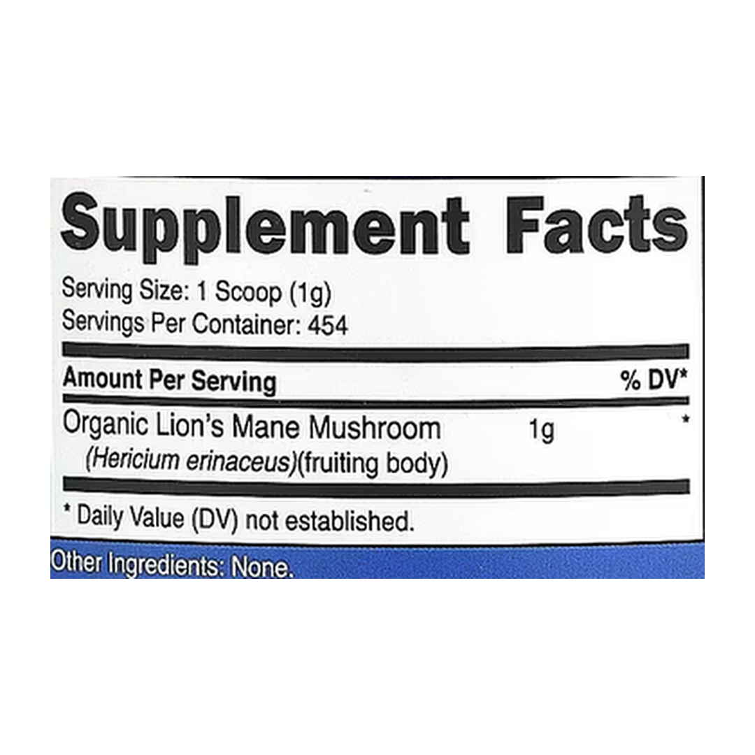 Nutricost, Organic Lion's Mane Mushroom, Unflavored, 1 lb, 454 g supplement facts label showing ingredients, vitamins, minerals, and serving information