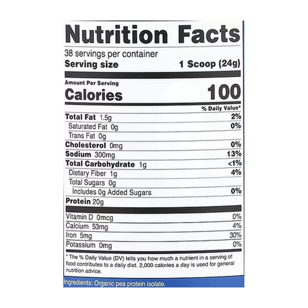 Nutricost, Organic Pea Protein, Unflavored, 2 lb, 907 g supplement facts label showing ingredients, vitamins, minerals, and serving information
