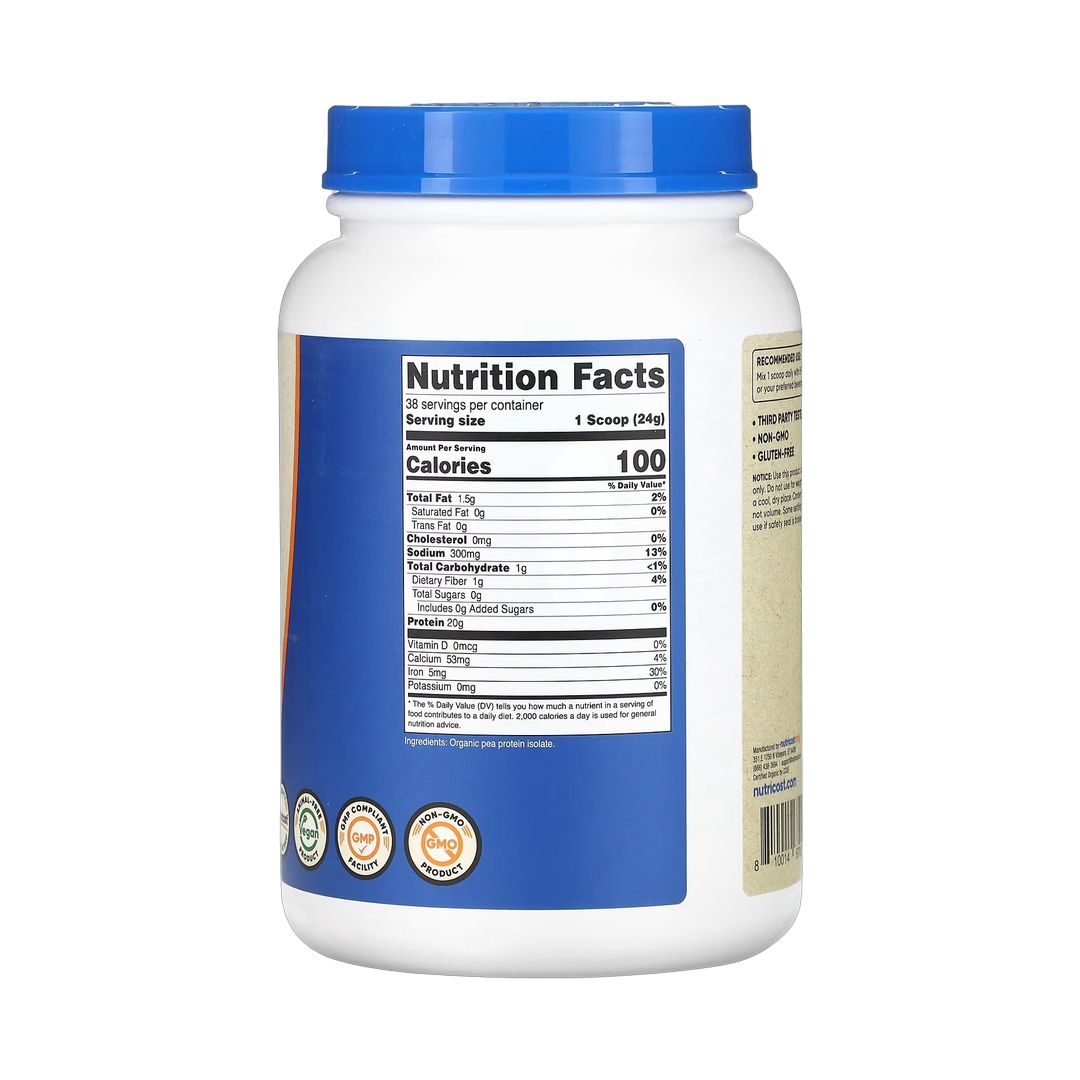 Nutricost, Organic Pea Protein, Unflavored, 2 lb, 907 g back packaging view