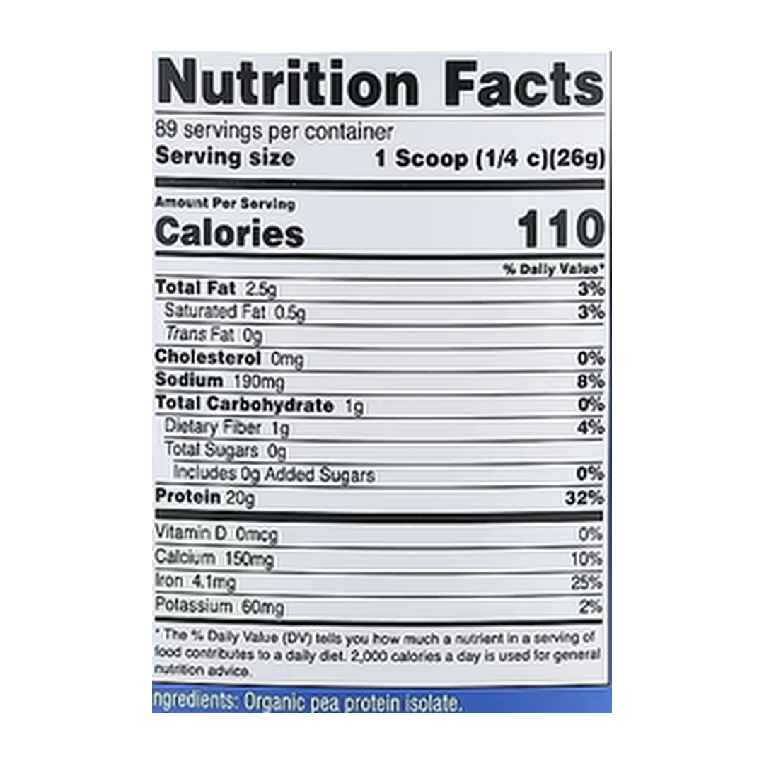 Nutricost, Organic Pea Protein, Unflavored, 5 lb, 2,268 g supplement facts label showing ingredients, vitamins, minerals, and serving information