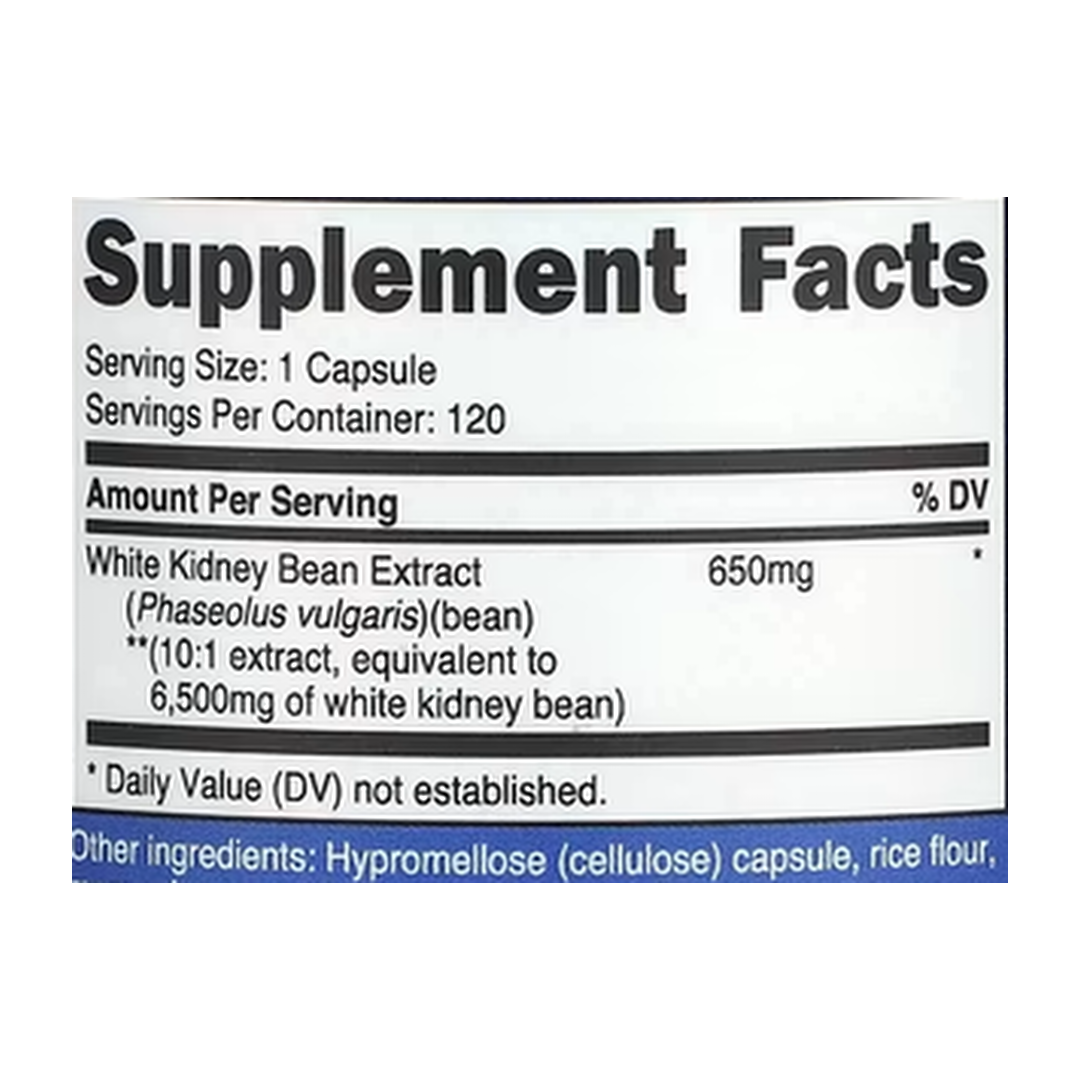 Nutricost, White Kidney Bean, 6,500 mg, 120 Capsules supplement facts label showing ingredients, vitamins, minerals, and serving information