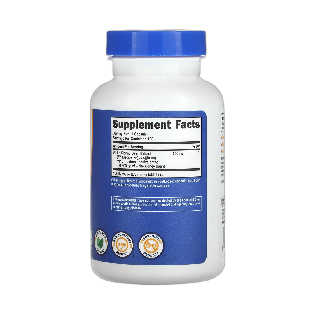 Nutricost, White Kidney Bean, 6,500 mg, 120 Capsules back packaging view