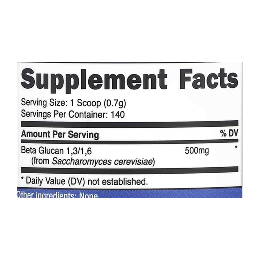Nutricost, Beta Glucan 1,3/1,6, Unflavored, 3.5 oz, 100 g supplement facts label showing ingredients, vitamins, minerals, and serving information