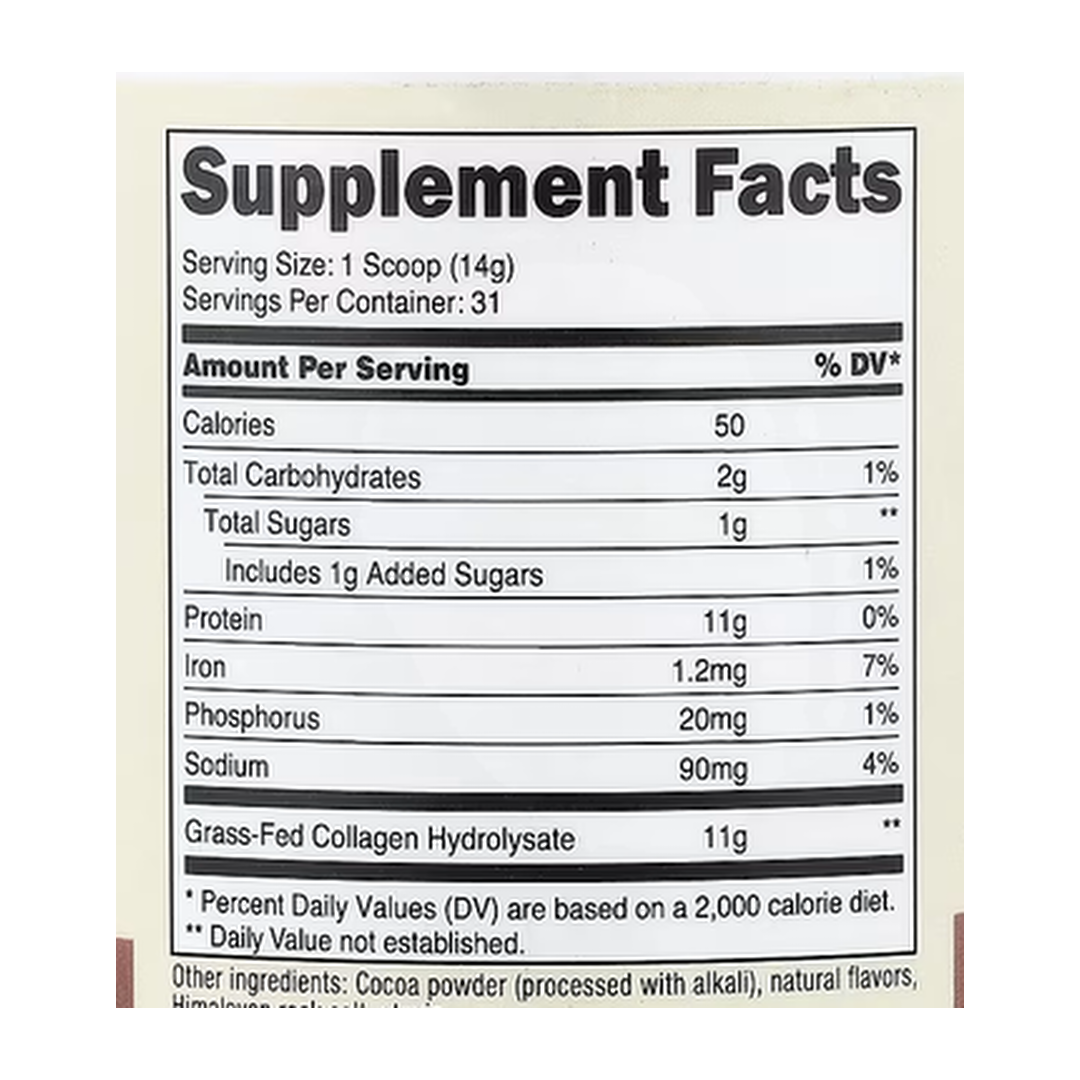 Nutricost, Collagen Peptides, Chocolate, 1 lb, 454 g supplement facts label showing ingredients, vitamins, minerals, and serving information