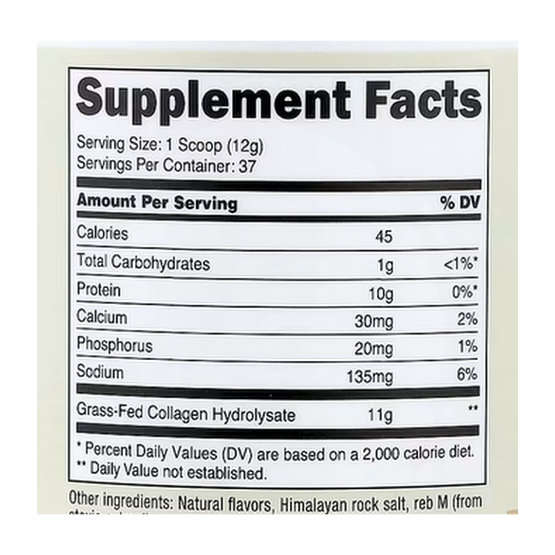 Nutricost, Collagen Peptides, Vanilla, 1 lb, 454 g supplement facts label showing ingredients, vitamins, minerals, and serving information