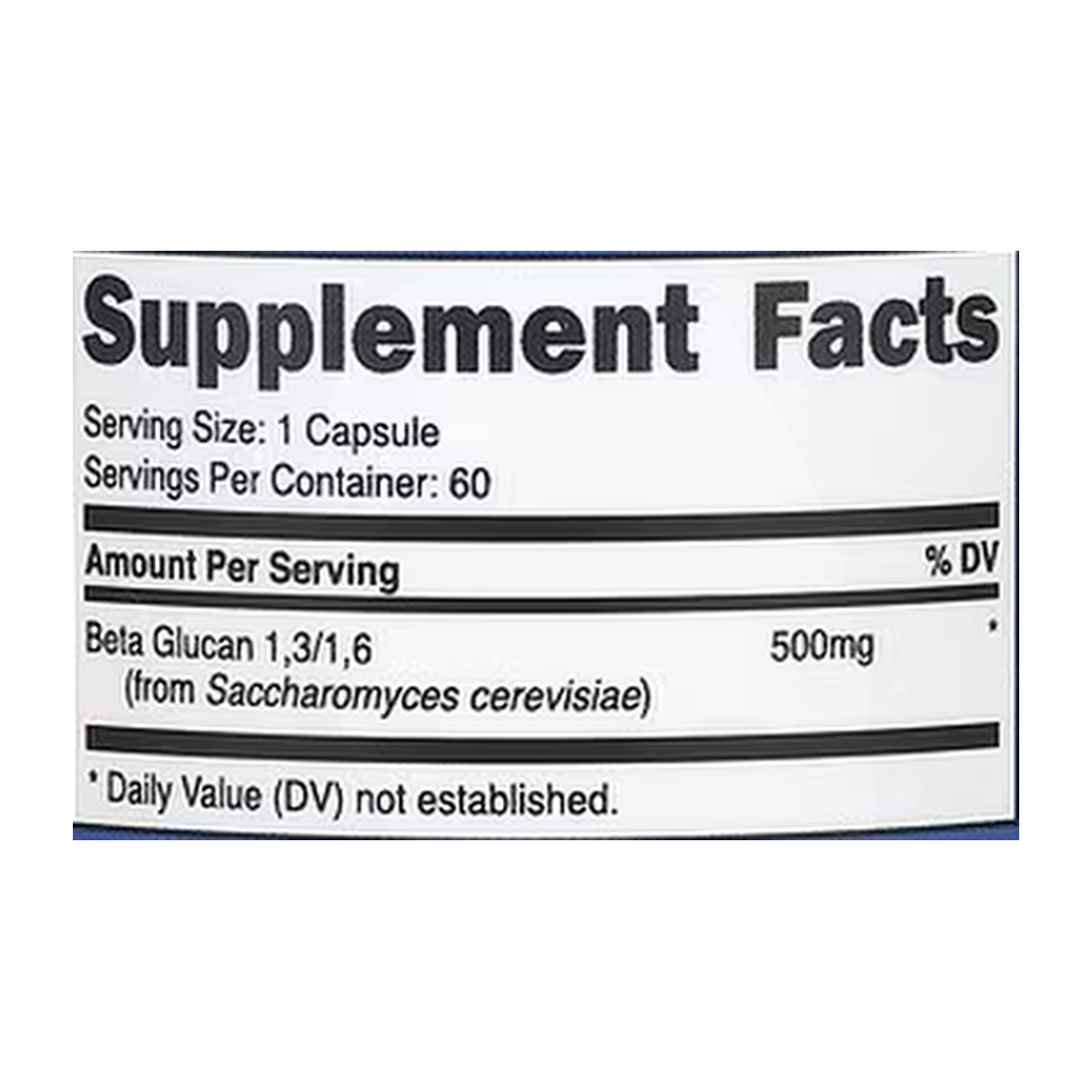Nutricost, Beta Glucan 1,3/1,6, 500 mg, 60 Capsules supplement facts label showing ingredients, vitamins, minerals, and serving information