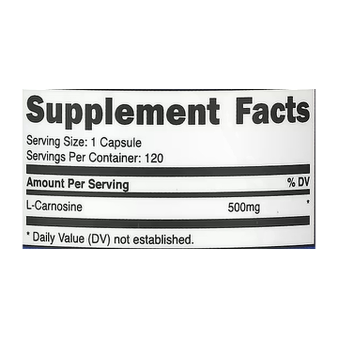 Nutricost, L-Carnosine, 500 mg, 120 Capsules supplement facts label showing ingredients, vitamins, minerals, and serving information