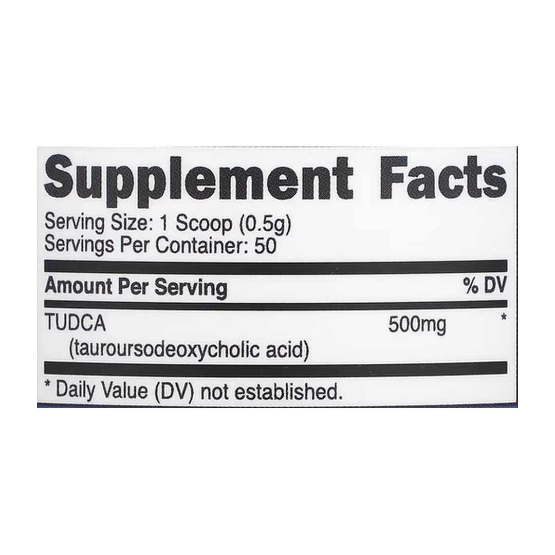 Nutricost, TUDCA, Unflavored, 0.9 oz, 25 g supplement facts label showing ingredients, vitamins, minerals, and serving information