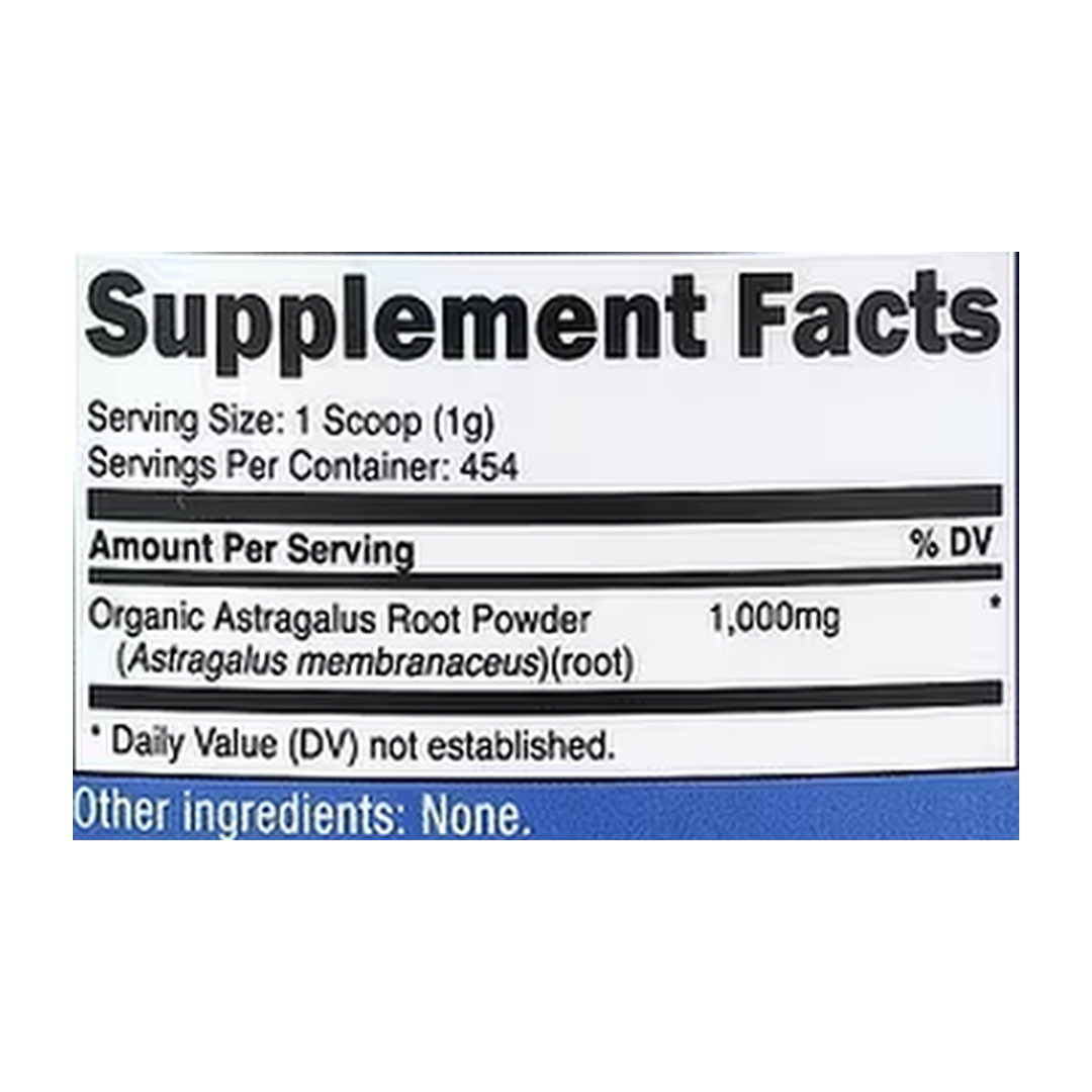 Nutricost, Organic Astragalus Root Powder, Unflavored, 16.2 oz, 454 g supplement facts label showing ingredients, vitamins, minerals, and serving information