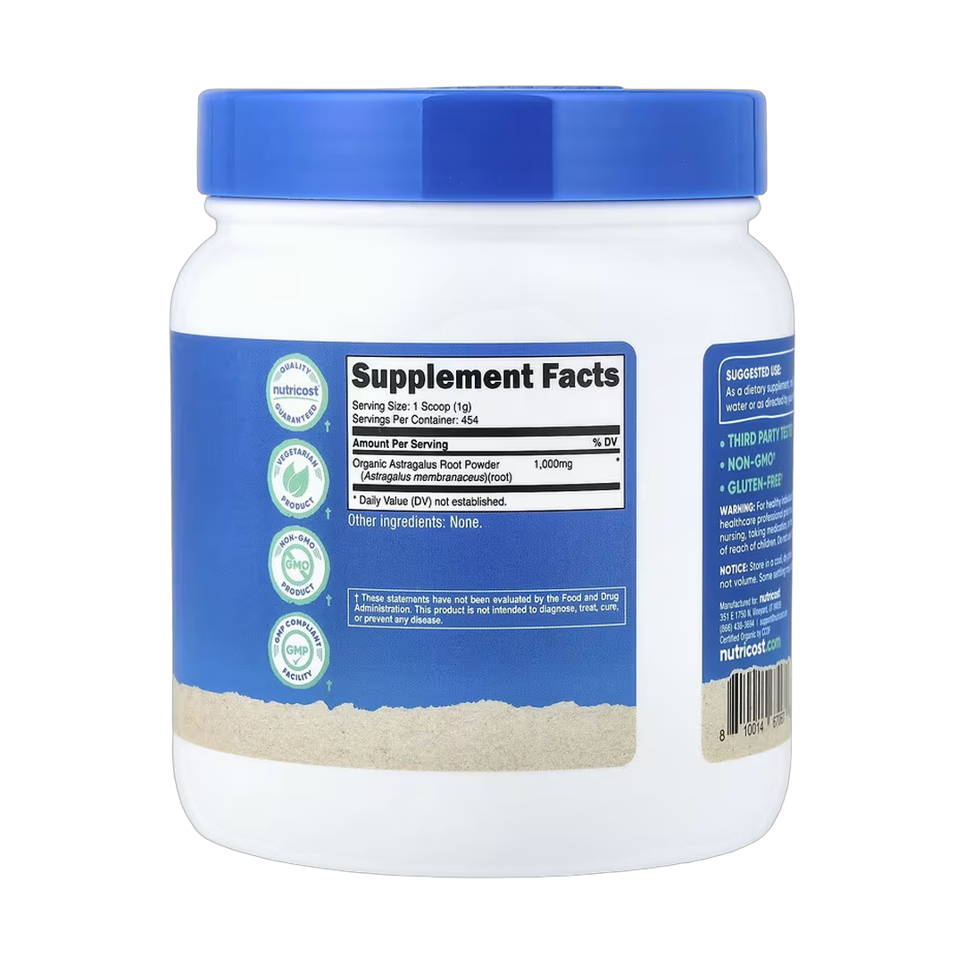 Nutricost, Organic Astragalus Root Powder, Unflavored, 16.2 oz, 454 g back packaging view