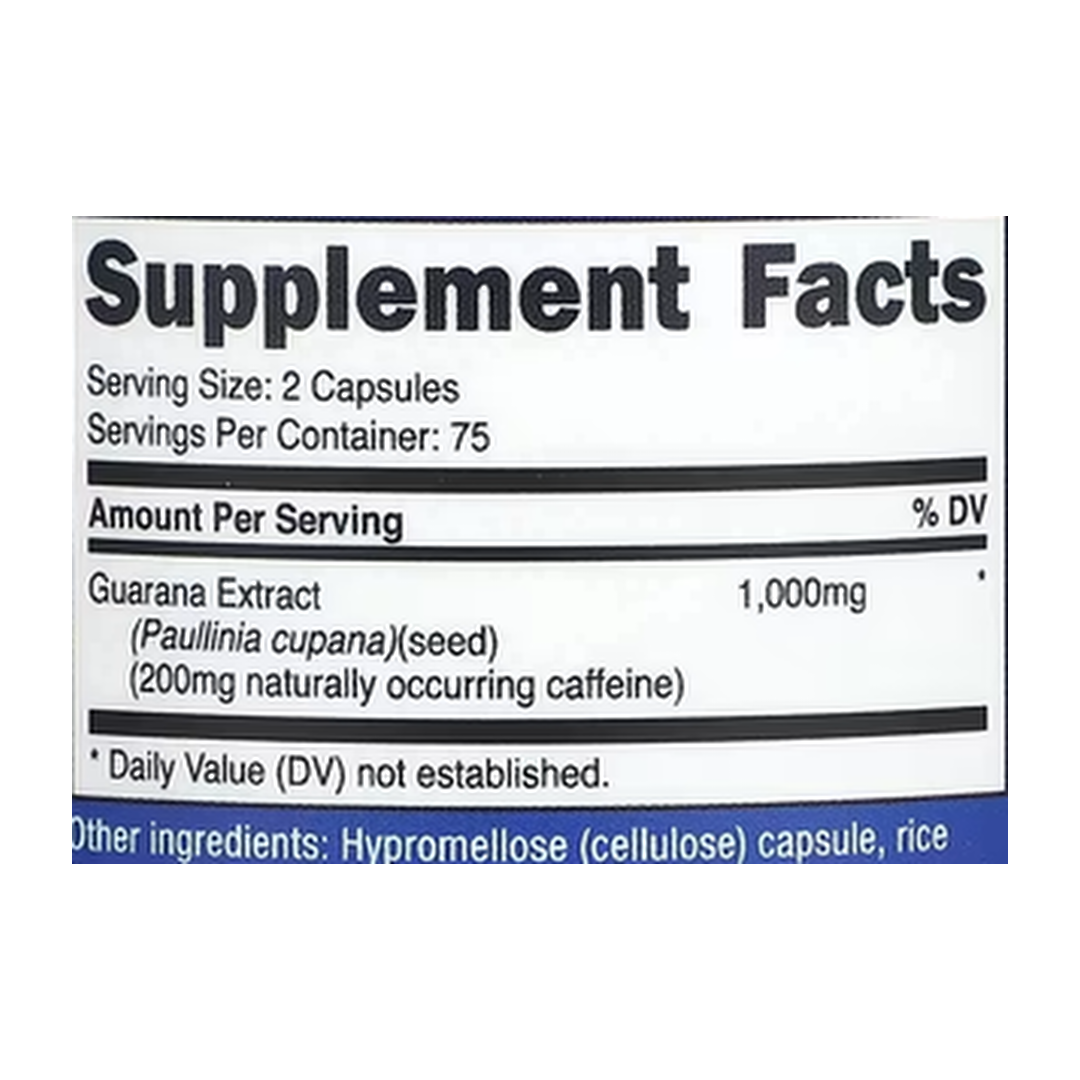 Nutricost, Guarana, 150 Capsules supplement facts label showing ingredients, vitamins, minerals, and serving information