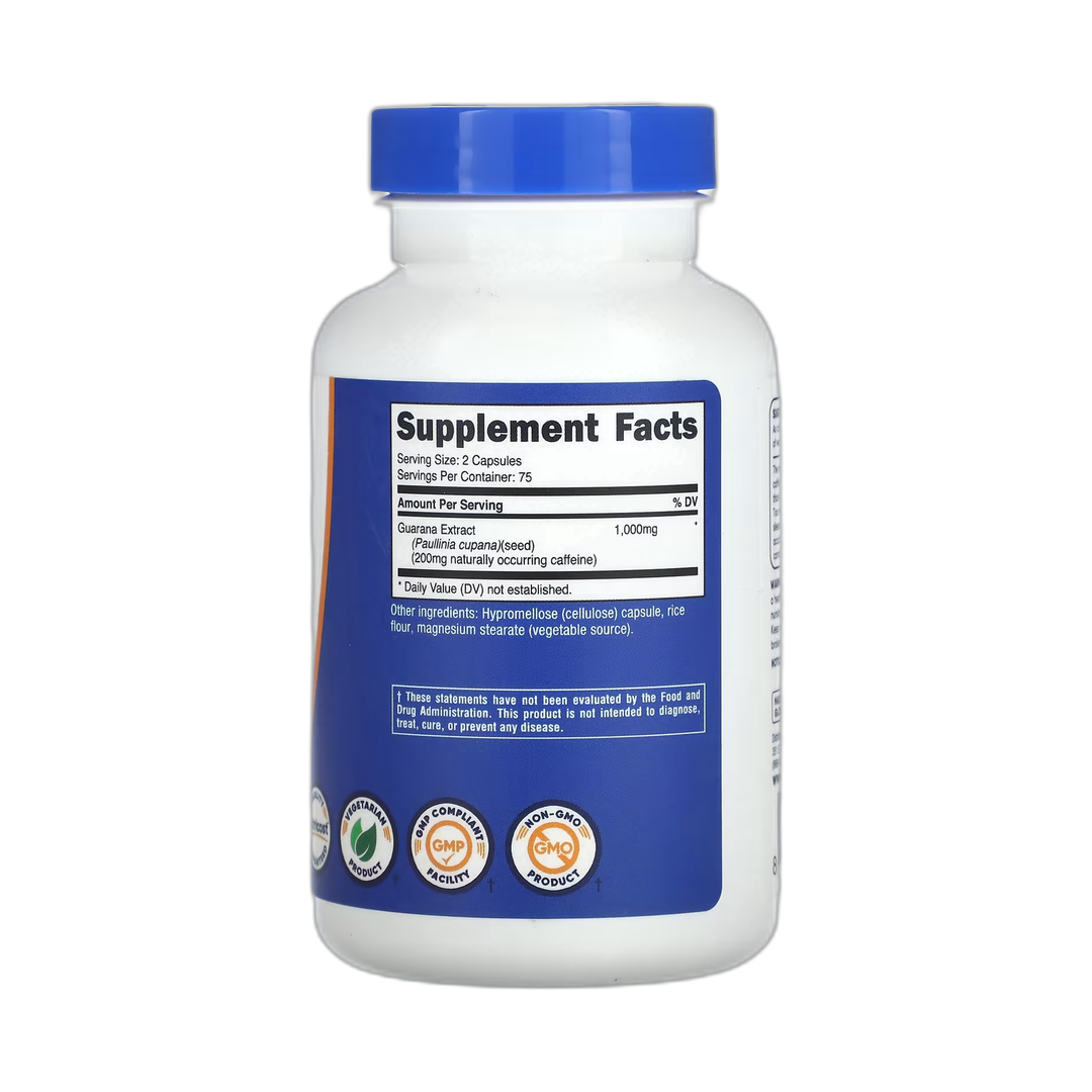 Nutricost, Guarana, 150 Capsules back packaging view