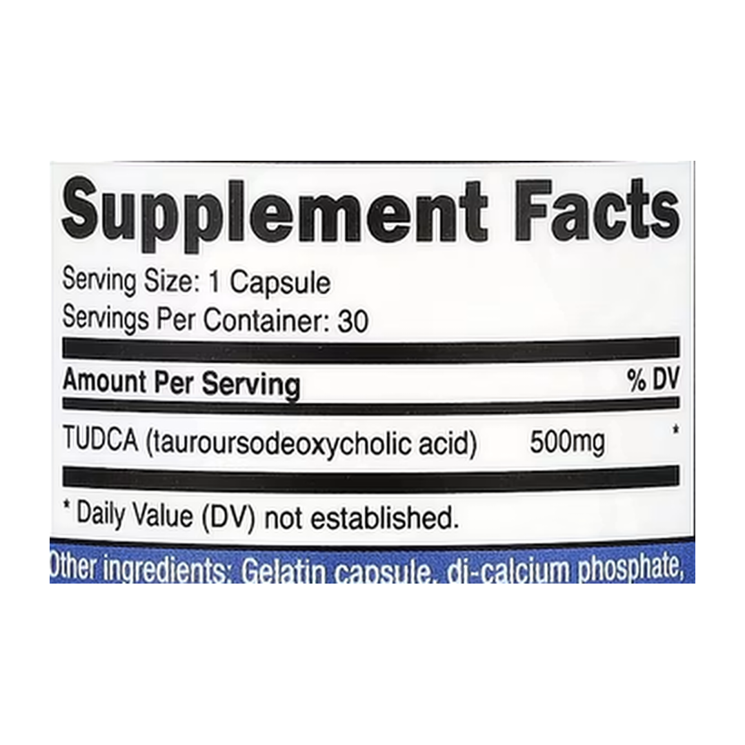 Nutricost, TUDCA, 500 mg, 30 Capsules supplement facts label showing ingredients, vitamins, minerals, and serving information