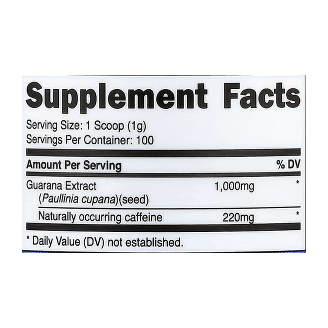 Nutricost, Guarana Powder, 3.5 oz, 100 g supplement facts label showing ingredients, vitamins, minerals, and serving information