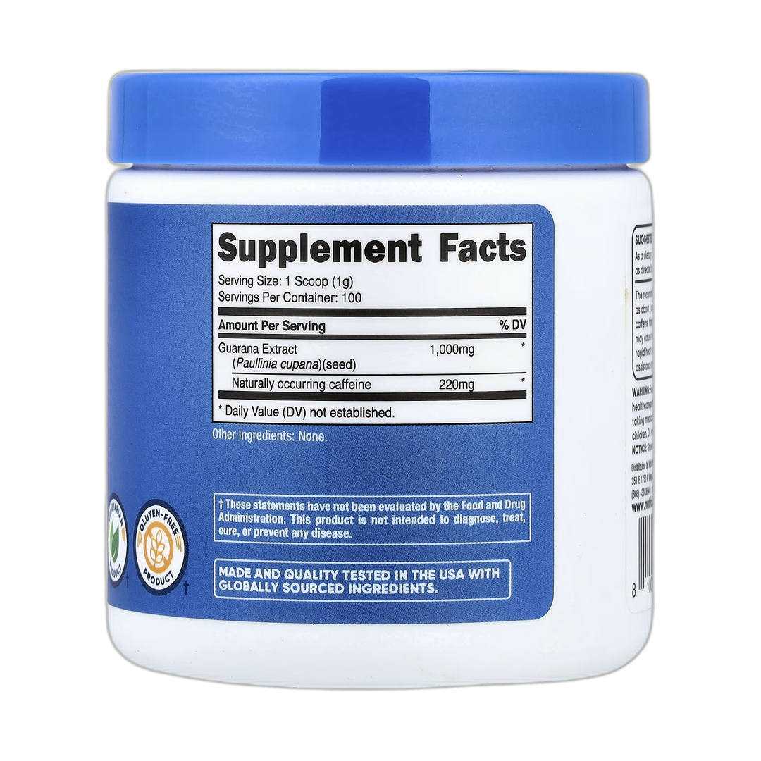 Nutricost, Guarana Powder, 3.5 oz, 100 g back packaging view