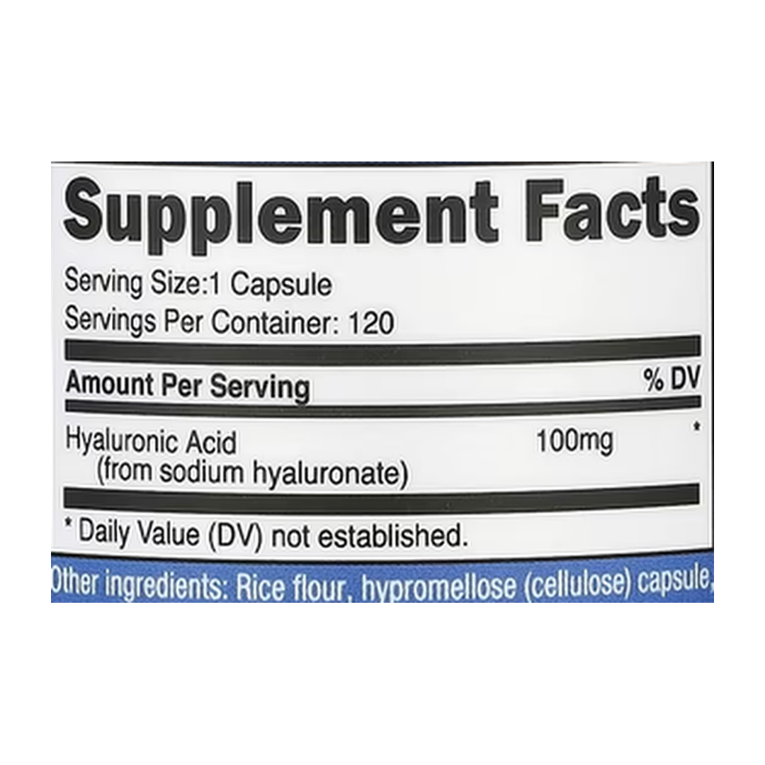 Nutricost, Hyaluronic Acid , 100 mg , 120 Capsules supplement facts label showing ingredients, vitamins, minerals, and serving information