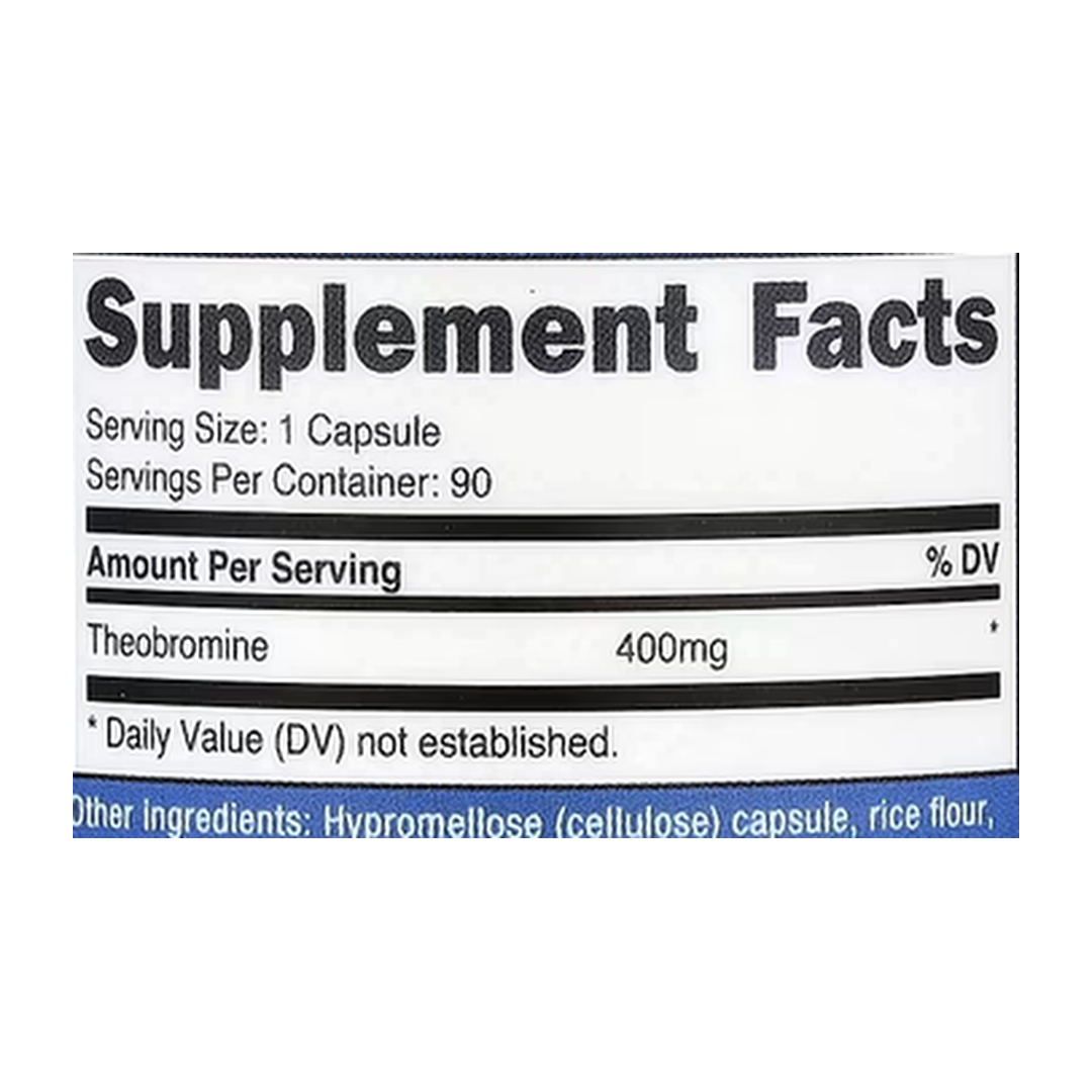 Nutricost, Theobromine, 400 mg, 90 Capsules supplement facts label showing ingredients, vitamins, minerals, and serving information