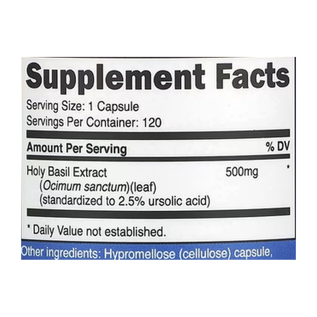 Nutricost, Holy Basil, 500 mg, 120 Capsules supplement facts label showing ingredients, vitamins, minerals, and serving information