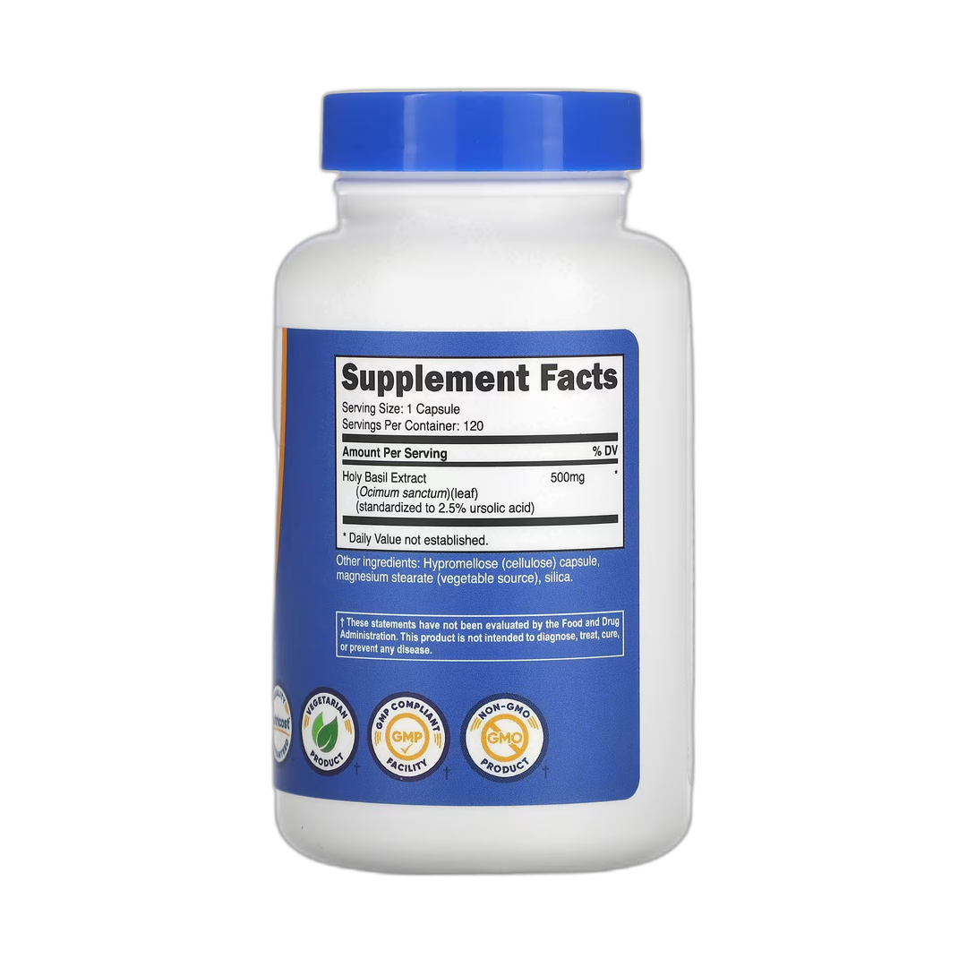 Nutricost, Holy Basil, 500 mg, 120 Capsules back packaging view