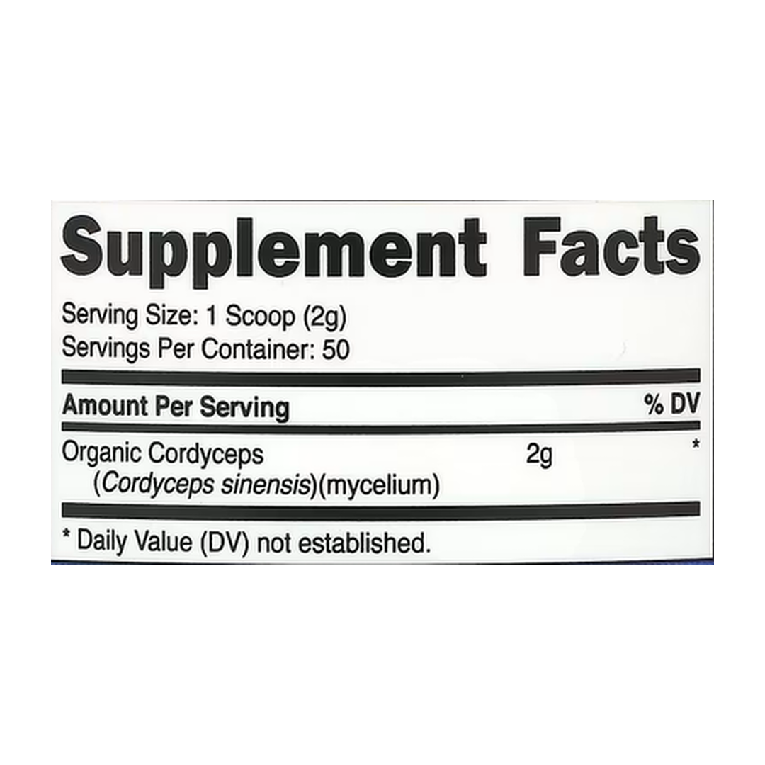 Nutricost, Organic Cordyceps Mushroom, Unflavored, 3.5 oz, 100 g supplement facts label showing ingredients, vitamins, minerals, and serving information