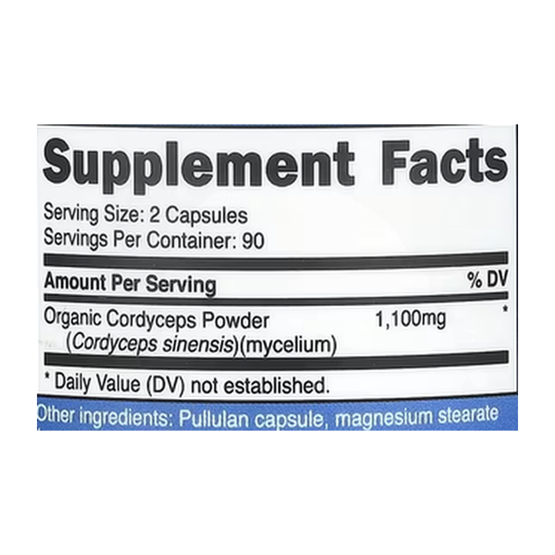 Nutricost, Cordyceps Mushroom, 180 Capsules supplement facts label showing ingredients, vitamins, minerals, and serving information