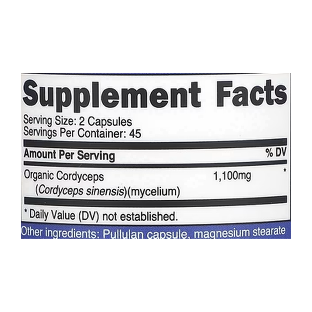 Nutricost, Cordyceps Mushroom, 90 Capsules supplement facts label showing ingredients, vitamins, minerals, and serving information