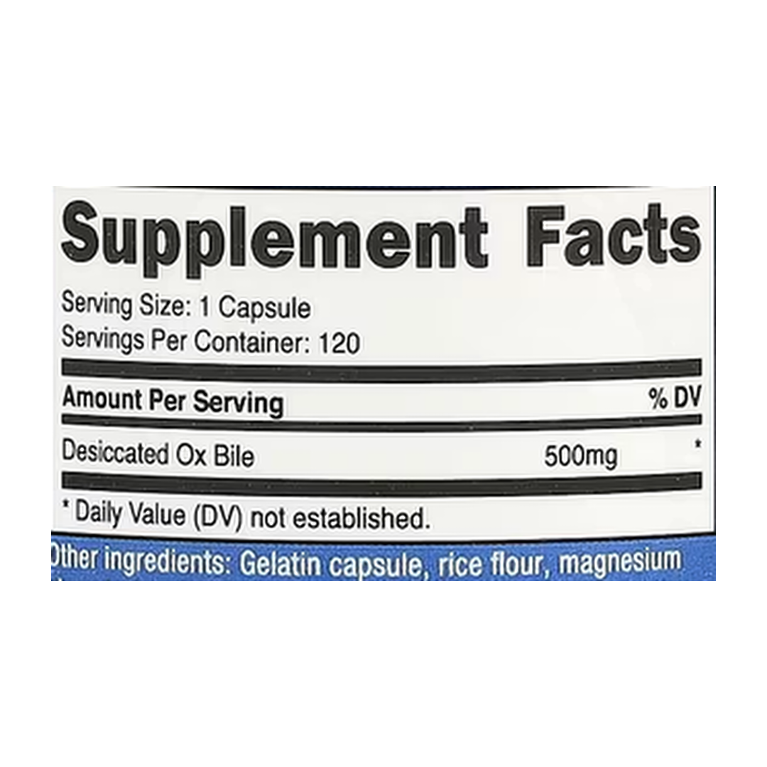 Nutricost, Ox Bile, 500 mg, 120 Capsules supplement facts label showing ingredients, vitamins, minerals, and serving information