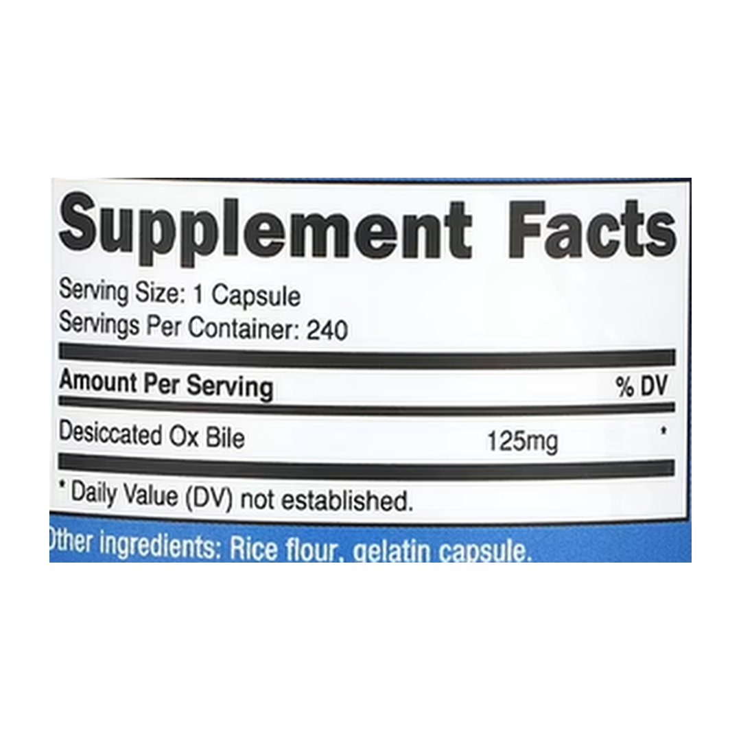 Nutricost, Ox Bile , 125 mg , 240 Capsules supplement facts label showing ingredients, vitamins, minerals, and serving information